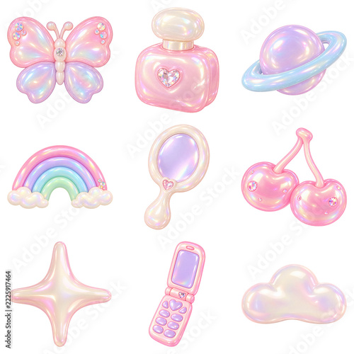 Y2K Pastel Butterfly Perfume Planet Mirror Cherry and Retro Phone Set 3D