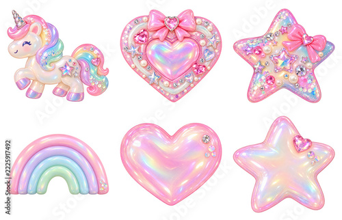 Y2K Pastel Unicorn Heart Rainbow and Star Decorative Set 3D
