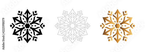 Set Of Three Ornamental Snowflake Icons In Black Silver And Gold Color Variations For Winter Festival And Christmas Branding
