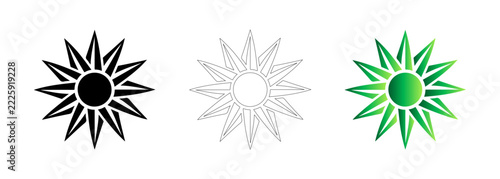 Geometric Sunburst Star Vector Icons In Solid Black Thin Outline And Vibrant Green Gradient Styles For Modern Logo Design