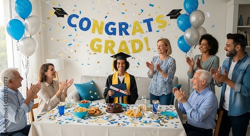 Family gathering to celebrate a graduation party with a student in robes