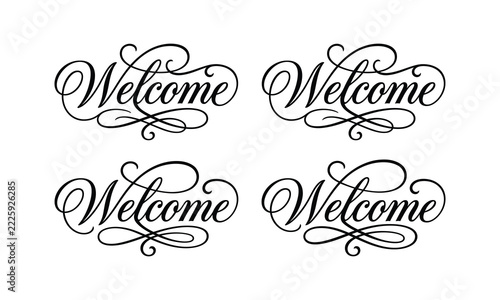 Four beautifully designed vintage welcome script calligraphy embellishments with decorative flourishes isolated on a white background perfect for invitations and greeting cards