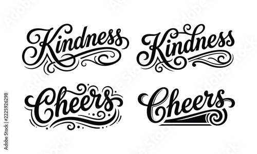 Vintage hand lettered typography designs featuring the words kindness and cheers with decorative flourishes and swirls on a white background