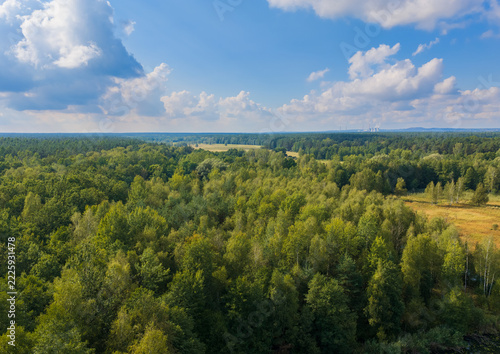 Green forest landscape with power plant chimneys in distance