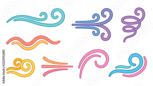 Colorful wind doodle collection, hand drawn air flow symbols and weather icons isolated on white background