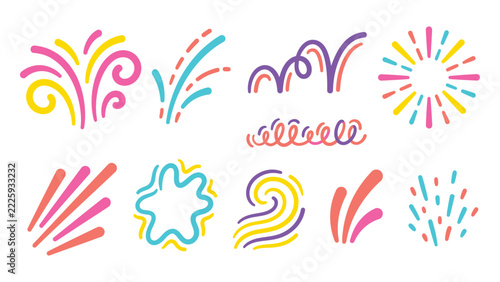 Colorful Celebration Fireworks and Confetti Vector Set Isolated on White Background for Festive Party Graphic Design