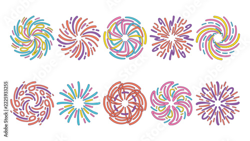 Colorful abstract firework icons set, vibrant radial line art patterns for festive celebration graphic decorations