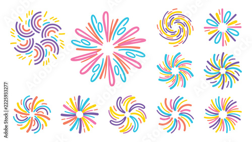 Colorful Abstract Fireworks Vector Set Featuring Vibrant Radial Burst Icons Isolated on White Background