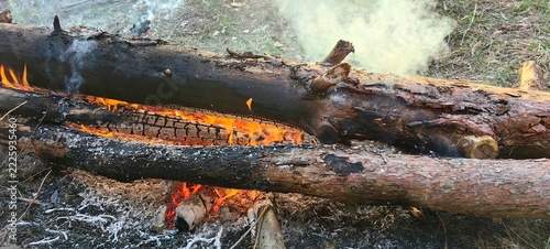 A bonfire with red flames burns on the riverbank.