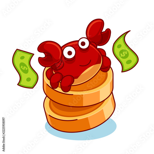 Cute Red Crab Sitting on a Stack of Gold Coins with Floating Money Vector Illustration