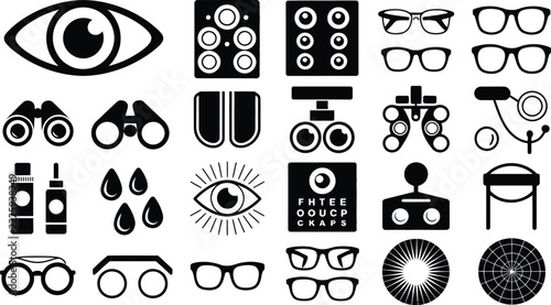 Comprehensive optometry icon collection with phoropter eye chart glasses and vision care symbols designed in black silhouette style.