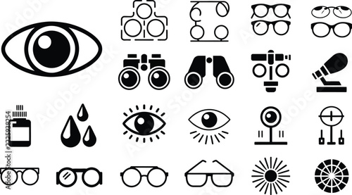 Optometry elements and vision care icons including eye drops phoropter chart and glasses silhouettes isolated on transparent background.