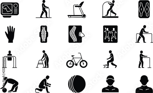 Physical therapy icon set featuring rehabilitation equipment medical symbols and exercise silhouettes for healthcare design projects.