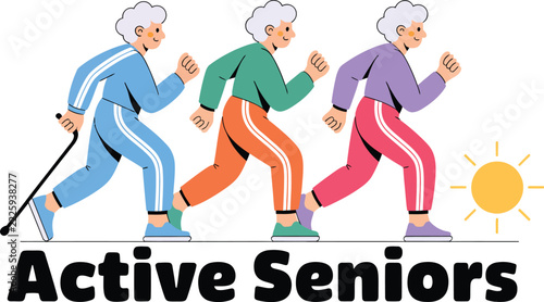 Active seniors character illustration showing elderly women jogging happily outdoors towards sun for healthy lifestyle concept art.