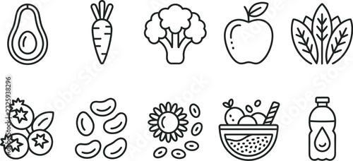 Healthy organic food icons set featuring vegetables fruits seeds and water bottle in outline linear style for nutrition design.