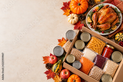 Thanksgiving Food Donation Box with Canned Goods and Roasted Turkey