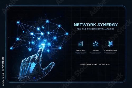 Futuristic AI Robotic Hand Interacting with Network Synergy and Cybersecurity Data Visualization