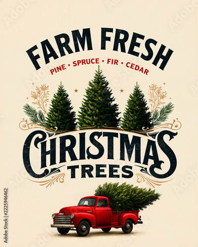 Vintage Christmas Tree Farm Poster with Red Pickup Truck Created with Generative AI Technology AI Generative