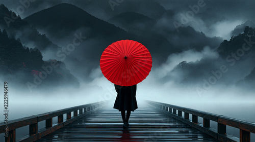 Lone Person Holding Red Umbrella on Wooden Bridge in Misty Mountains Created with Generative AI Technology AI Generative