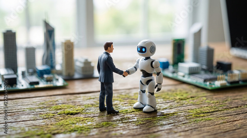 Miniature businessman shaking hands with white humanoid robot on wooden table with circuit board city, human and artificial intelligence partnership concept