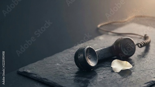 Vintage telephone handset on dark stone with petal