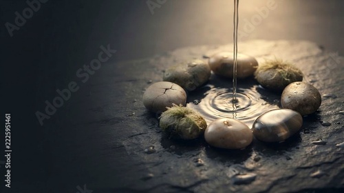Water dripping onto smooth stones on a dark slate base