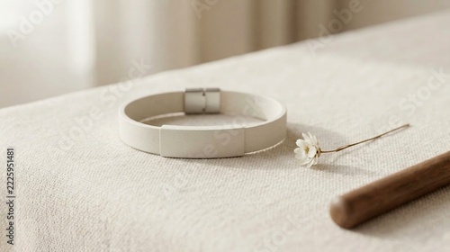 White leather bracelet with a metal clasp on fabric