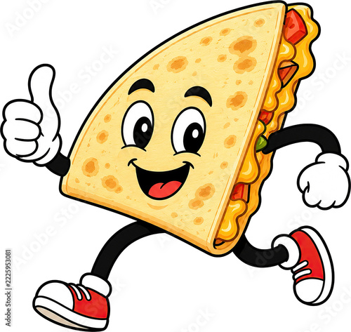 Smiling quesadilla mascot gives thumbs up with cheerful expression, cartoon food character with colorful filling, gloved hands and red sneakers, isolated on transparent background for upbeat branding