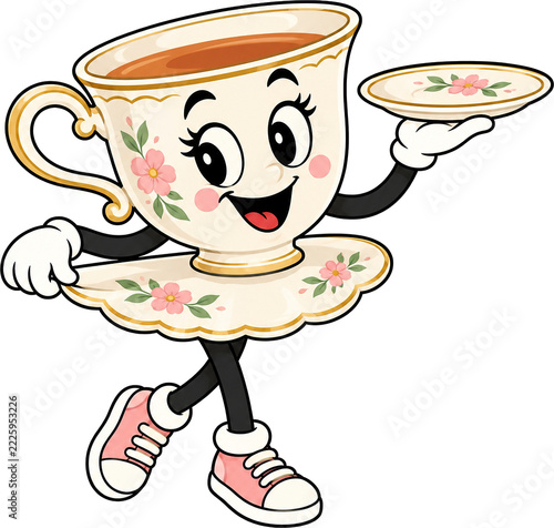 Cheerful vintage teacup mascot balances floral saucer overhead, with smiling face, gloved hands, crossed legs, pink shoes, gold trim, and ornate flower decorations, isolated illustration