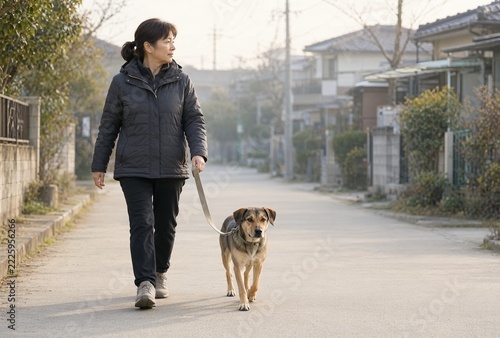 Woman walking a dog on a quiet residential street