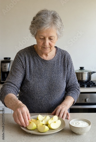 Older woman arranging apple wedges beside a bowl of yogurt