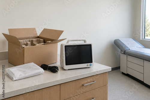 Vital Signs Monitor Unpacked on a Counter in an Empty Examination Room