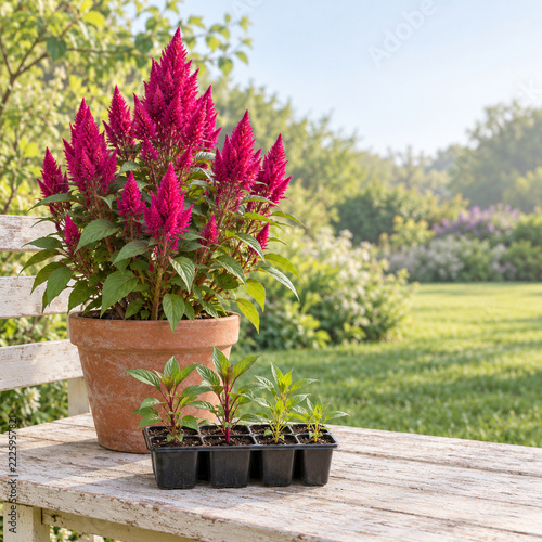Celosia Seedlings and Magenta Blooms on a Pale Wooden Nursery Bench