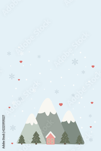 Winter Landscape Christmas Background with Cute House and Mountains