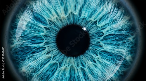 Close-up of a vibrant blue human eye with intricate details and a dark pupil, showcasing the beauty of ocular anatomy.