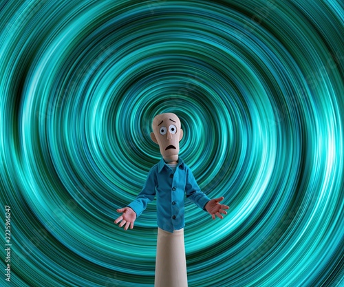 A confused puppet stands with open hands against a swirling vortex.