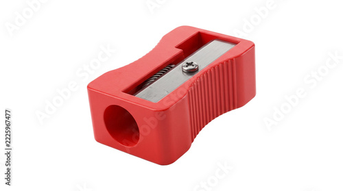 Red manual pencil sharpener with metal blade, essential stationery for school and office use.
