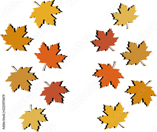 A collection of colorful autumn maple leaves scattered across the frame, editable vector illustration