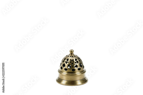 Brass Dhoop Incense Burner with Smoke Isolated on White