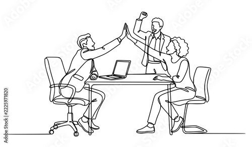 Obraz na plátně Continuous Line Illustration of Three Professionals Celebrating Office Achieveme