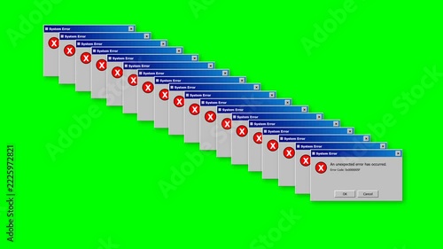 Multiple Cascading Retro Computer System Error Dialog Pop Up Windows on Green Screen Background Overlay