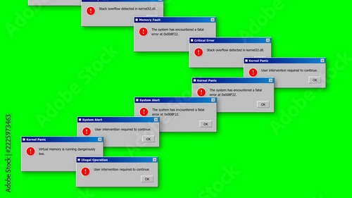 Retro Computer System Error Pop Up Dialog Box Warning Cascade Animation Interface Green Screen