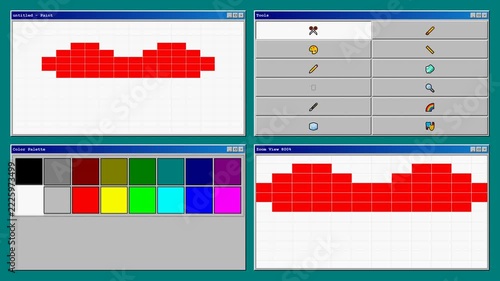 Retro computer interface showing pixel art graphics program editor window with color palette tool selector and canvas