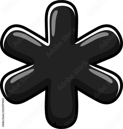 A simple, isolated asterisk symbol in a glossy black finish with a thick white outline. This six-pointed graphic element is clean and modern, suitable for various design applications.