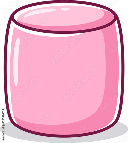 A single pink marshmallow is isolated on a white background. It has a thick purple outline, a smooth, rounded shape, and a subtle shadow beneath it, suggesting a sweet treat.