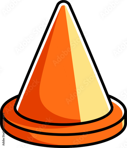 A vibrant orange traffic cone with a distinct black outline and subtle shading, commonly used to indicate caution and denote construction or work zones.