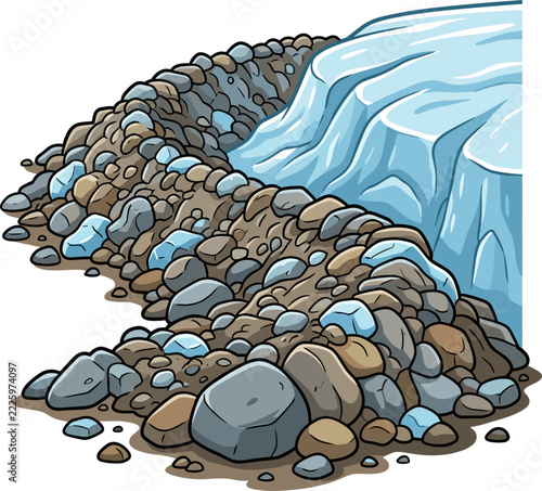 A close-up illustration showing a collection of various rocks and pebbles forming a pile next to a segment of a glacier. The image highlights the textures and colors of the stones and the icy surface.
