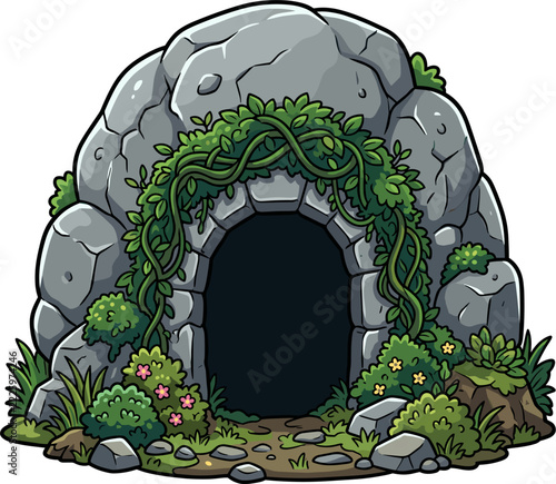 A pixel art illustration of a stone cave entrance with an arched opening. It is heavily overgrown with green vines and foliage, with small bushes and flowers around the base.