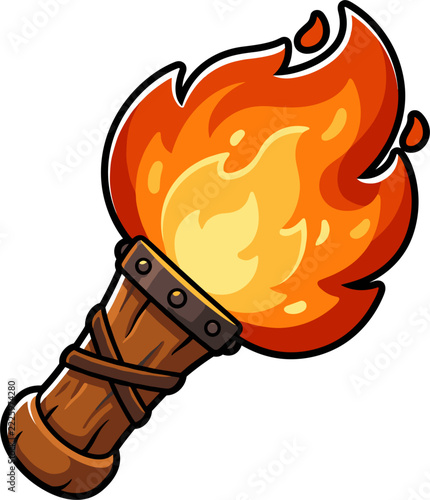 A pixel art illustration of a medieval-style torch with a wooden handle and a bright, fiery flame. The graphic element is isolated on a white background, suitable for game assets or thematic designs.