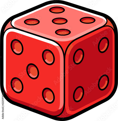 Red six sided die showing spots for numbers two, three and six, game dice concept illustration